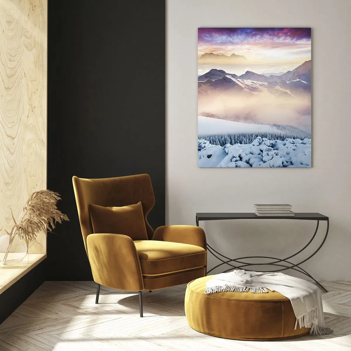 Cuadro sobre vidrio - Impresiones sobre Vidrio - Montañas cubiertas de nieve al amanecer con un cielo colorido. - 70x100cm - La fuerza y la pureza de la naturaleza - Decoración de pared moderna para salón y dormitorio ARTTOR