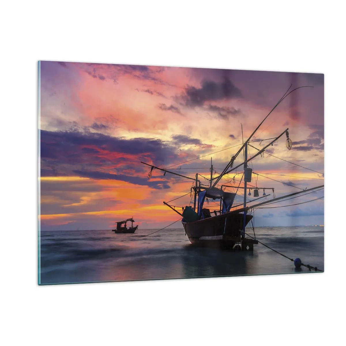 Cuadro sobre vidrio - Impresiones sobre Vidrio - Barcos de pesca en el mar al atardecer - 120x80cm - Una noche exótica - Decoración de pared moderna para salón y dormitorio ARTTOR