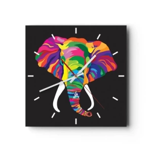 Reloj de pared - Reloj de vidrio - Una imagen colorida de un elefante sobre un fondo negro. - 30x30cm - El elefante al que le gustaba bañarse en el arco iris - Decoración de pared moderna para salón y dormitorio ARTTOR