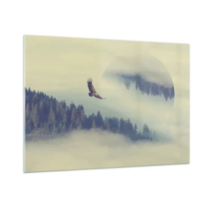Cuadro sobre vidrio - Impresiones sobre Vidrio - Un águila en vuelo sobre un bosque envuelto en niebla con un reflejo surrealista. - 100x70cm - Vi la sombra de un águila - Decoración de pared moderna para salón y dormitorio ARTTOR