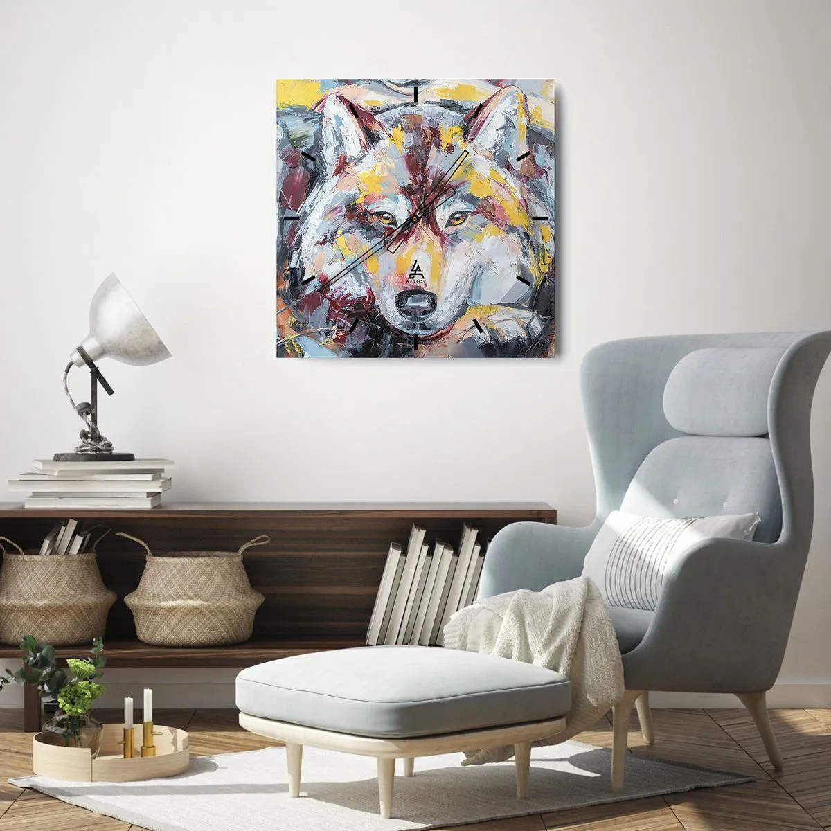 Reloj de pared - Reloj de vidrio - Retrato artístico de un lobo en colores intensos. - 30x30cm - Pinceladas de lobo - Decoración de pared moderna para salón y dormitorio ARTTOR