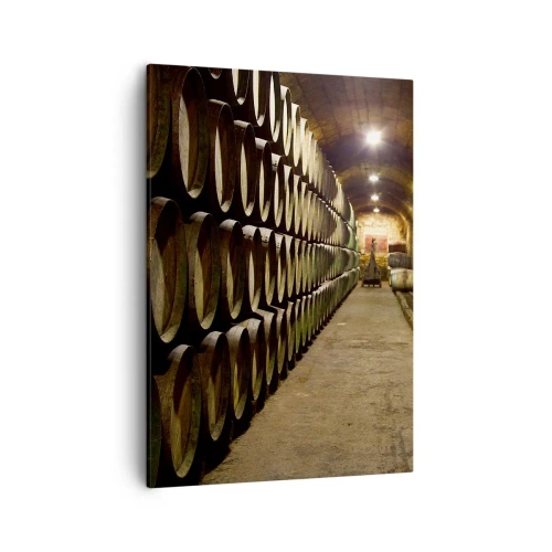 Cuadro sobre lienzo - Impresión de Imagen - Una bodega con barriles de vino de madera dispuestos en filas. - 50x70cm - El placer - Decoración de pared moderna para salón y dormitorio ARTTOR
