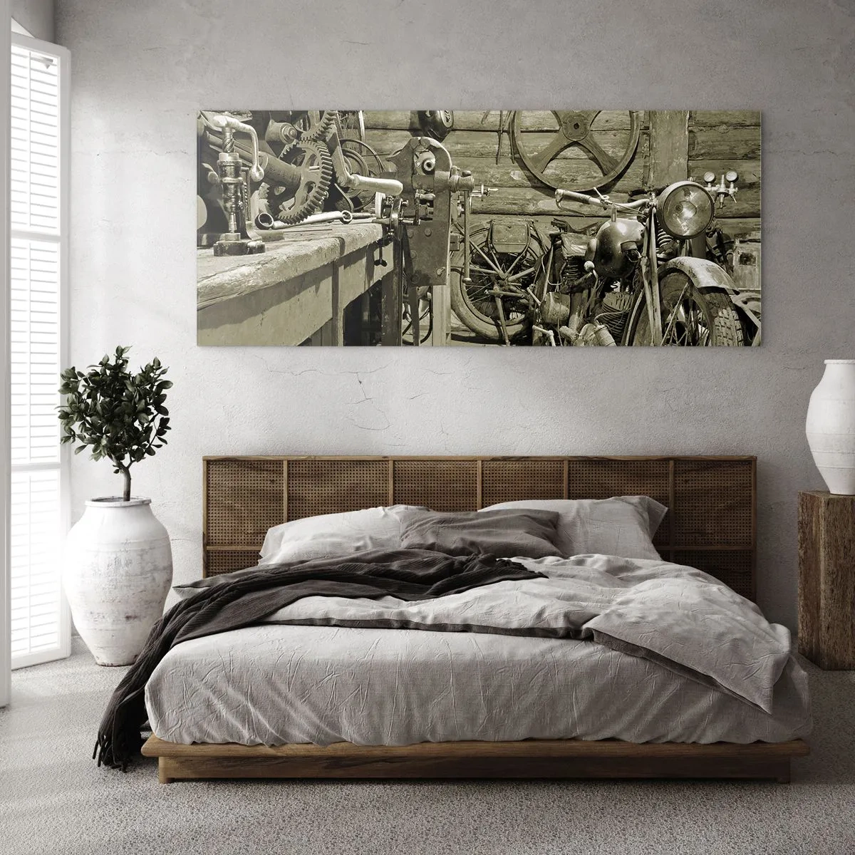 Cuadro sobre vidrio - Impresiones sobre Vidrio - Taller retro con motos y herramientas - 140x50cm - En el trastero del abuelo - Decoración de pared moderna para salón y dormitorio ARTTOR