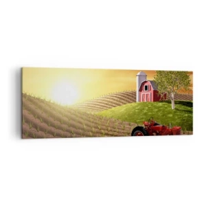 Cuadro sobre lienzo - Impresión de Imagen - Paisaje rural con un granero rojo, un tractor y el amanecer. - 140x50cm - Una granja como un cuento de hadas - Decoración de pared moderna para salón y dormitorio ARTTOR