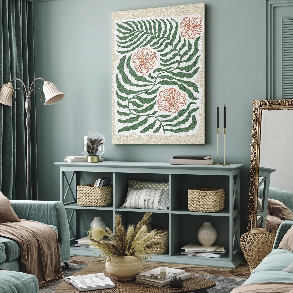 Cuadro sobre lienzo - Impresión de Imagen - Un motivo minimalista de hojas verdes con flores en tonos naranjas. - 50x70cm - Florecido en verde - Decoración de pared moderna para salón y dormitorio ARTTOR