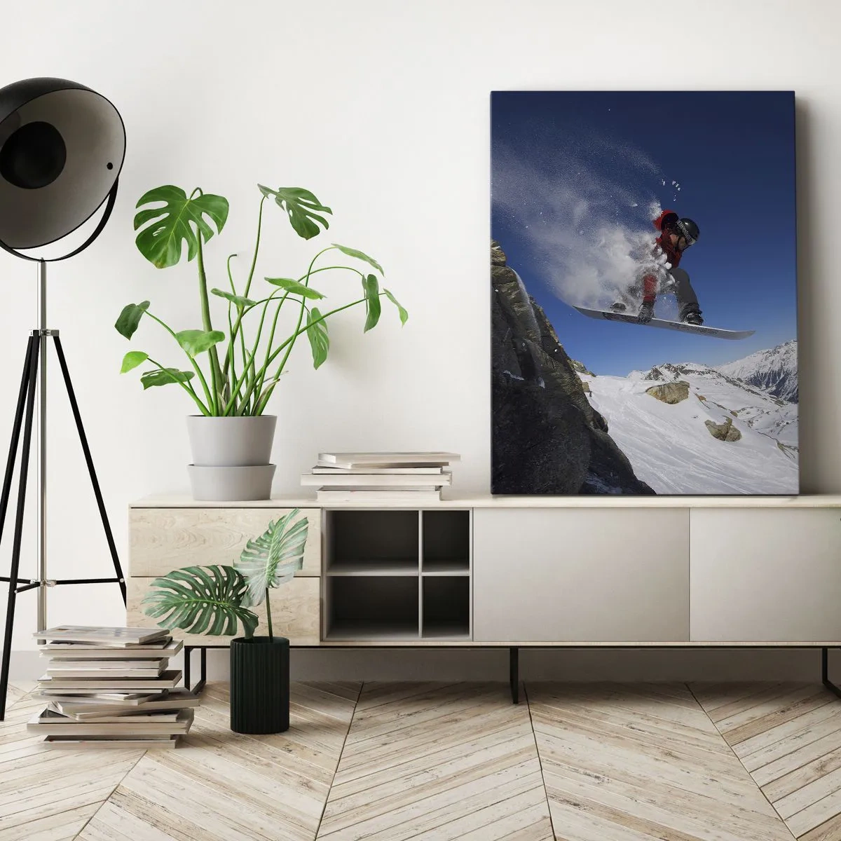 Cuadro sobre lienzo - Impresión de Imagen - Un snowboarder salta desde una roca frente a un paisaje montañoso. - 80x120cm - Y te convertiste en parte del lugar - Decoración de pared moderna para salón y dormitorio ARTTOR