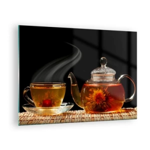 Cuadro sobre vidrio - Impresiones sobre Vidrio - Una jarra de cristal y una taza de té con una flor sobre un fondo negro. - 70x50cm - Magia y el arte del té - Decoración de pared moderna para salón y dormitorio ARTTOR
