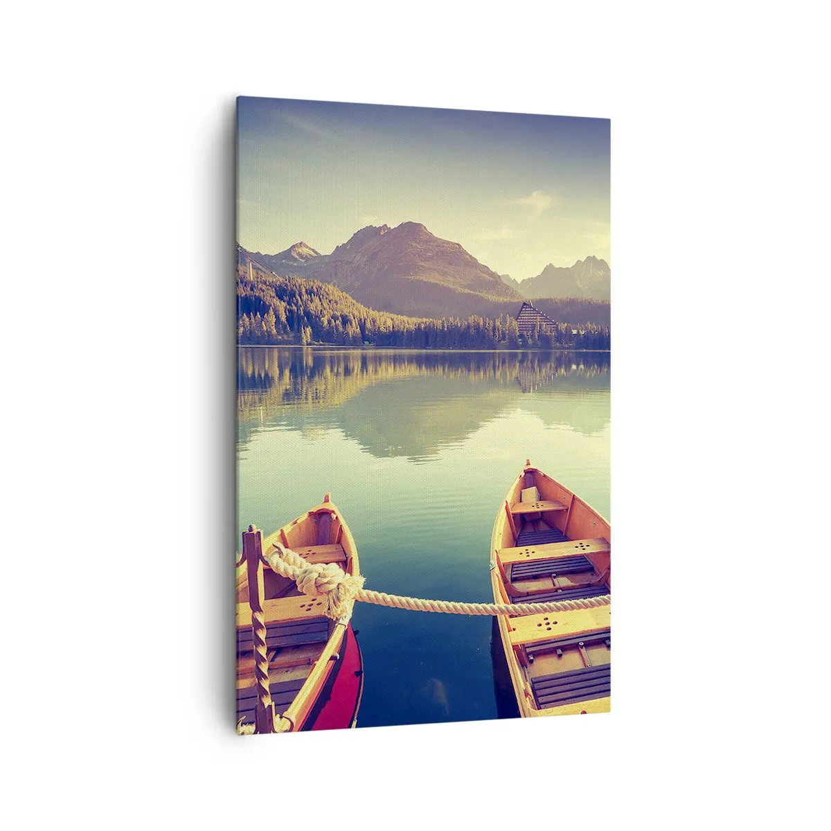 Cuadro sobre lienzo - Impresión de Imagen - Barcos en un lago tranquilo rodeado de montañas al atardecer - 80x120cm - Para vivir según sus leyes - Decoración de pared moderna para salón y dormitorio ARTTOR