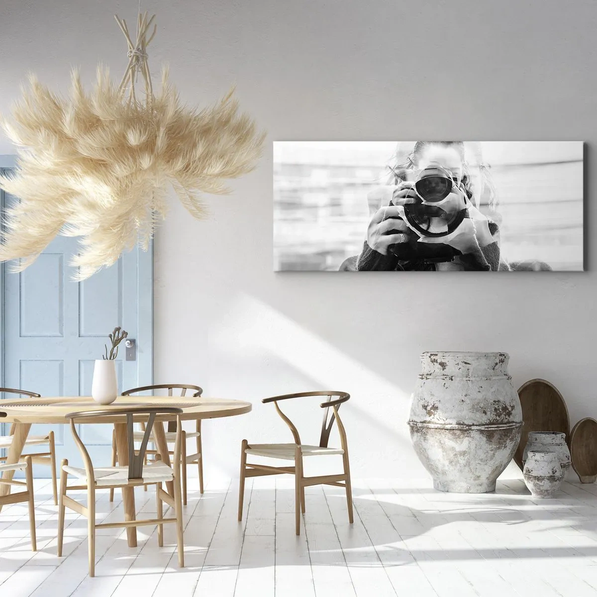 Cuadro sobre lienzo - Impresión de Imagen - Retrato de doble exposición en blanco y negro de un fotógrafo. - 160x50cm - Creador y creación - Decoración de pared moderna para salón y dormitorio ARTTOR
