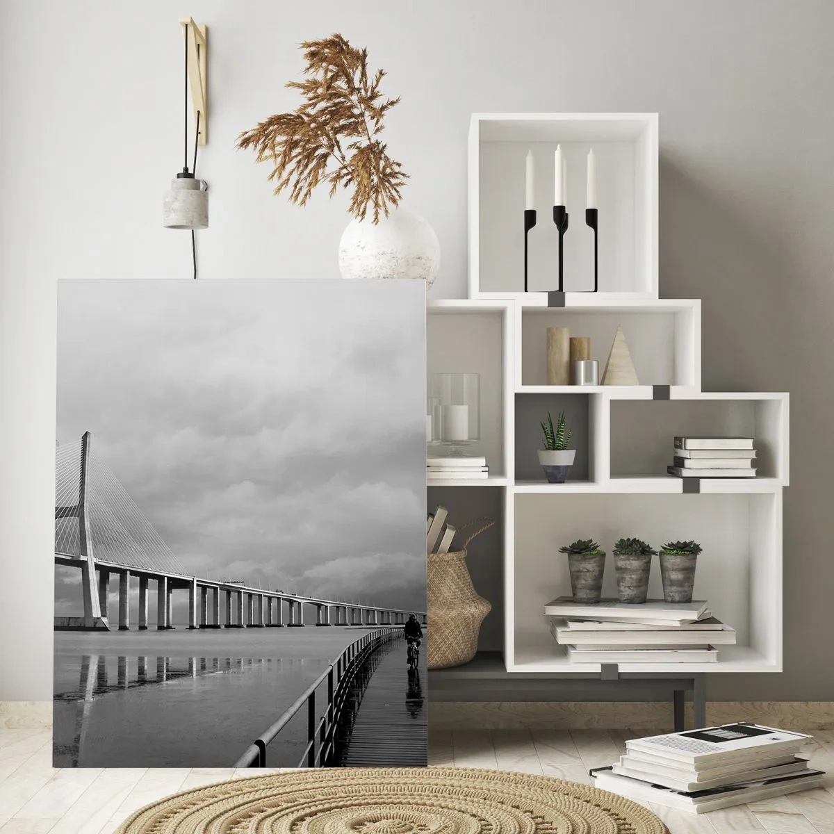 Cuadro sobre vidrio - Impresiones sobre Vidrio - Un puente colgante sobre el agua en blanco y negro. - 70x100cm - A cada uno lo suyo - Decoración de pared moderna para salón y dormitorio ARTTOR