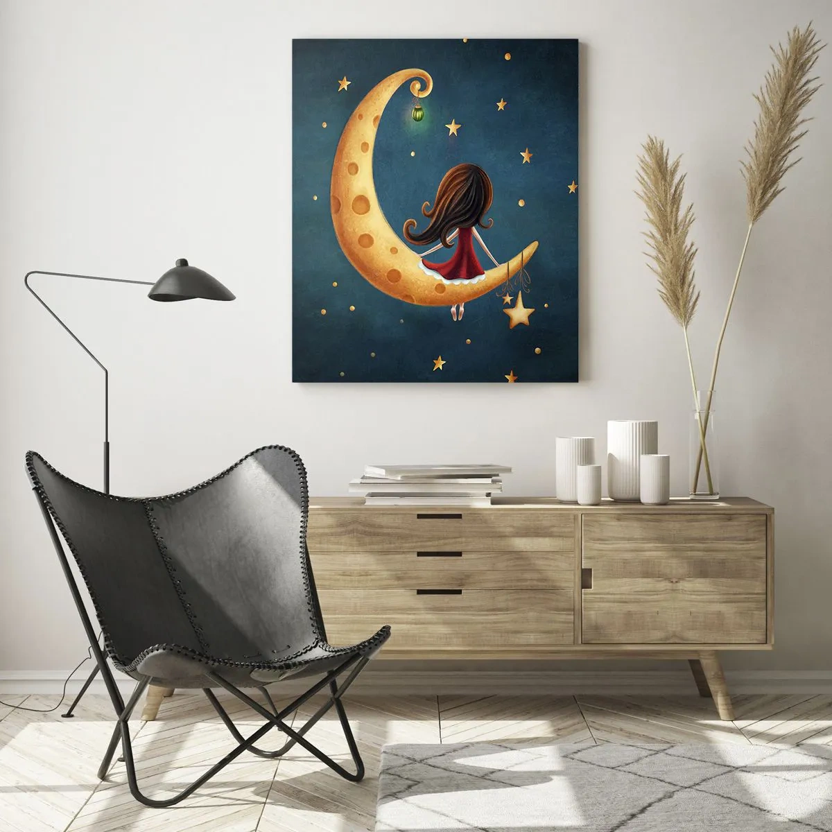 Cuadro sobre vidrio - Impresiones sobre Vidrio - Una niña en la luna entre las estrellas sobre un fondo azul marino. - 50x70cm - Érase una vez... - Decoración de pared moderna para salón y dormitorio ARTTOR