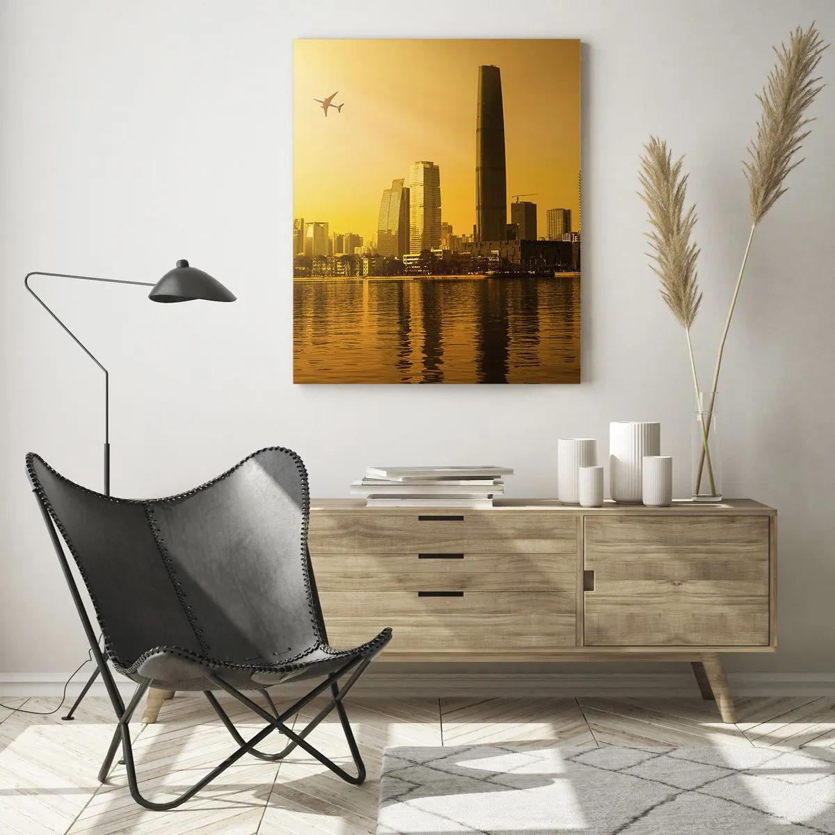Cuadro sobre vidrio - Impresiones sobre Vidrio - Una ciudad moderna con rascacielos al atardecer. - 50x70cm - La ciudad dorada - Decoración de pared moderna para salón y dormitorio ARTTOR