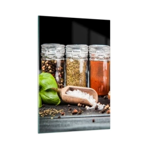 Cuadro sobre vidrio - Impresiones sobre Vidrio - Hierbas y especias en frascos de vidrio sobre un fondo oscuro. - 80x120cm - Para que la vida sepa bien - Decoración de pared moderna para salón y dormitorio ARTTOR