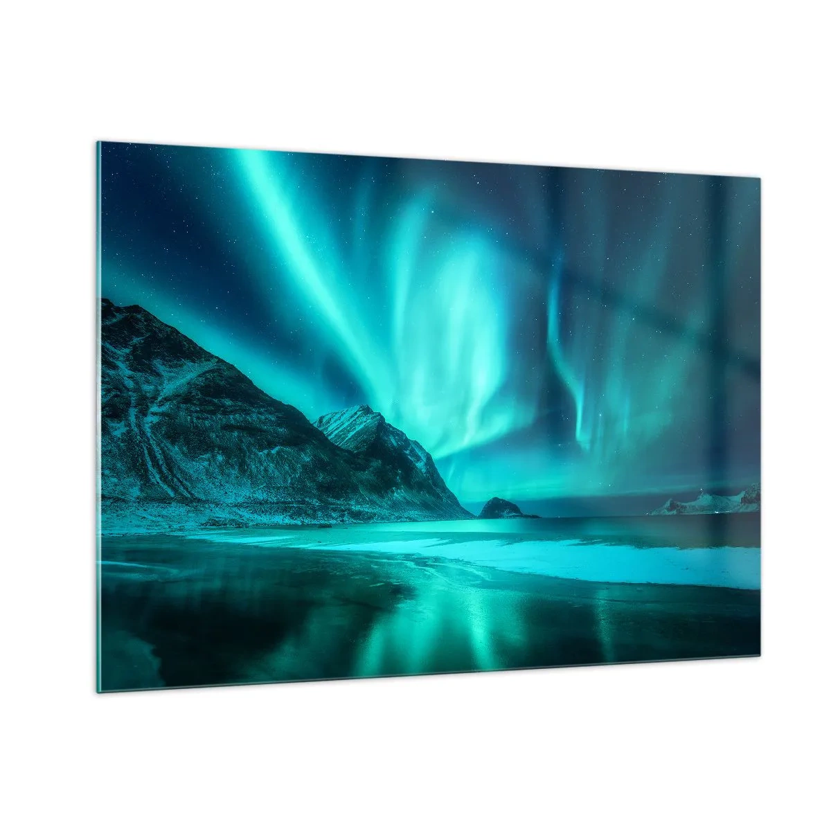 Cuadro sobre vidrio - Impresiones sobre Vidrio - Aurora boreal sobre un paisaje montañoso y un mar helado - 100x70cm - Maravillas del norte - Decoración de pared moderna para salón y dormitorio ARTTOR