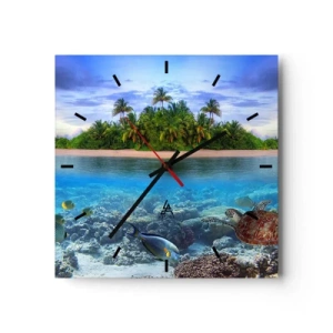 Reloj de pared - Reloj de vidrio - Una isla tropical rodeada de un océano turquesa con un arrecife de coral y peces. - 30x30cm - Una isla paradisíaca te invita - Decoración de pared moderna para salón y dormitorio ARTTOR