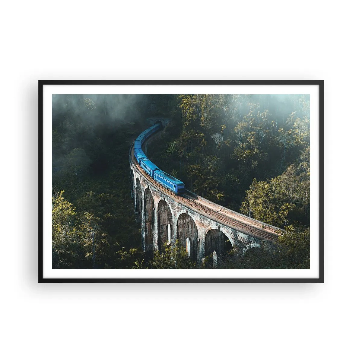 Póster en marco negro - Un tren azul en un viaducto histórico entre los bosques. - 100x70cm - Vías sobre la naturaleza - Decoración de pared moderna para salón y dormitorio ARTTOR