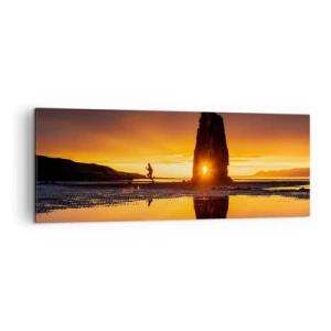 Cuadro sobre lienzo - Impresión de Imagen - Persona corriendo en la playa al atardecer con formación rocosa - 140x50cm - Solo tú y la naturaleza - Decoración de pared moderna para salón y dormitorio ARTTOR