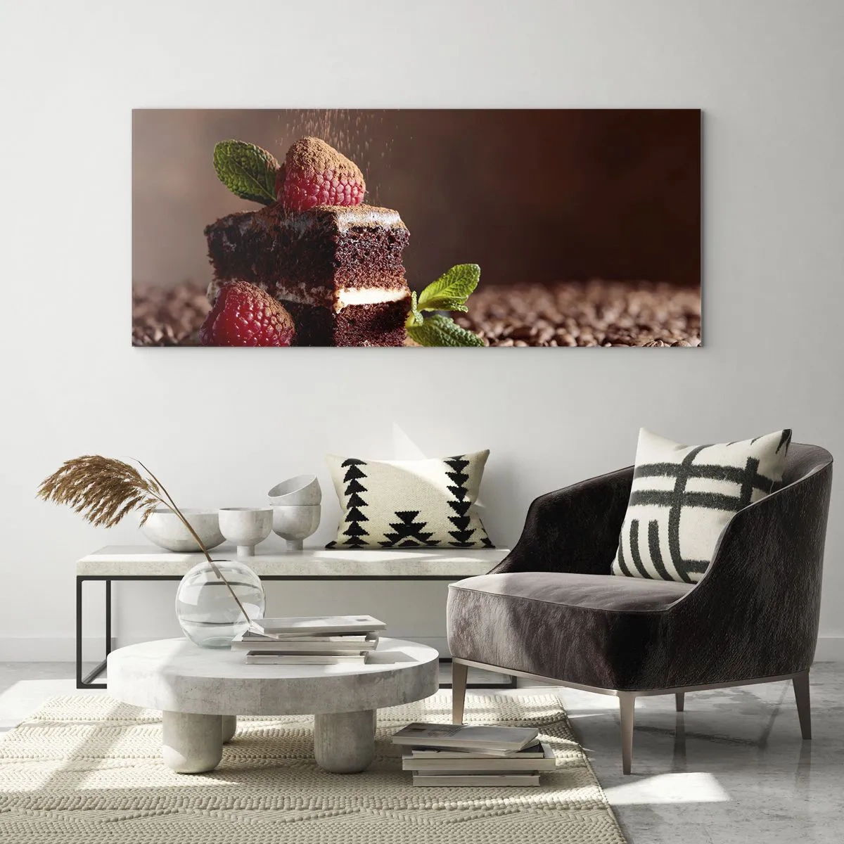 Cuadro sobre vidrio - Impresiones sobre Vidrio - Pastel de chocolate con frambuesas y menta sobre un fondo de granos de cacao. - 120x50cm - La vida es dulce - Decoración de pared moderna para salón y dormitorio ARTTOR