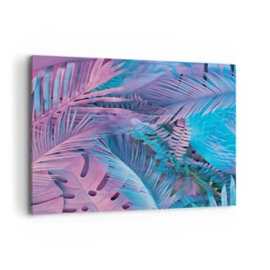 Cuadro sobre lienzo - Impresión de Imagen - Hojas tropicales en tonos rosa y azul. - 100x70cm - Trópicos en rosa y azul - Decoración de pared moderna para salón y dormitorio ARTTOR