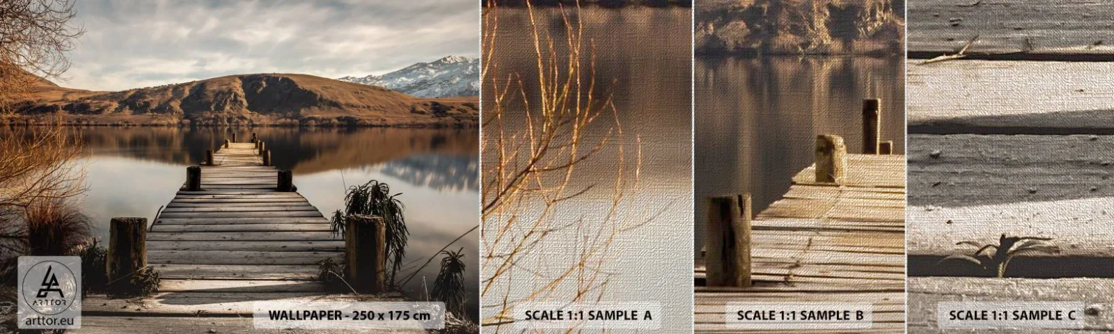 Muestra de fotomural Premium Canvas - Un paisaje en silencio - Paisaje, Puente, Lago - 100x30 cm