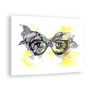 Cuadro sobre vidrio - Impresiones sobre Vidrio - Gafas con patrones artísticos y ojos sobre un fondo en tonos amarillos. - 70x50cm - A través de las gafas azules - Decoración de pared moderna para salón y dormitorio ARTTOR
