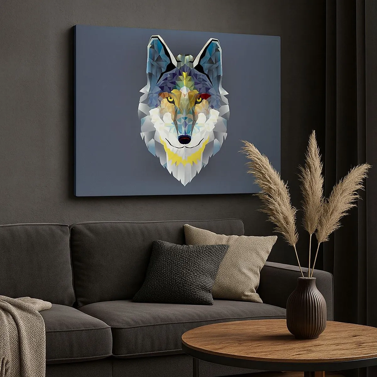 Cuadro sobre lienzo - Impresión de Imagen - Imagen geométrica de un lobo sobre un fondo gris. - 70x50cm - Habla del lobo si lo ves - Decoración de pared moderna para salón y dormitorio ARTTOR