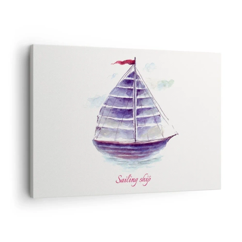 Cuadro sobre lienzo - Impresión de Imagen - Una pintura de acuarela de un velero en el agua con una delicada inscripción. - 70x50cm - Velas izadas y aguas tranquilas - Decoración de pared moderna para salón y dormitorio ARTTOR