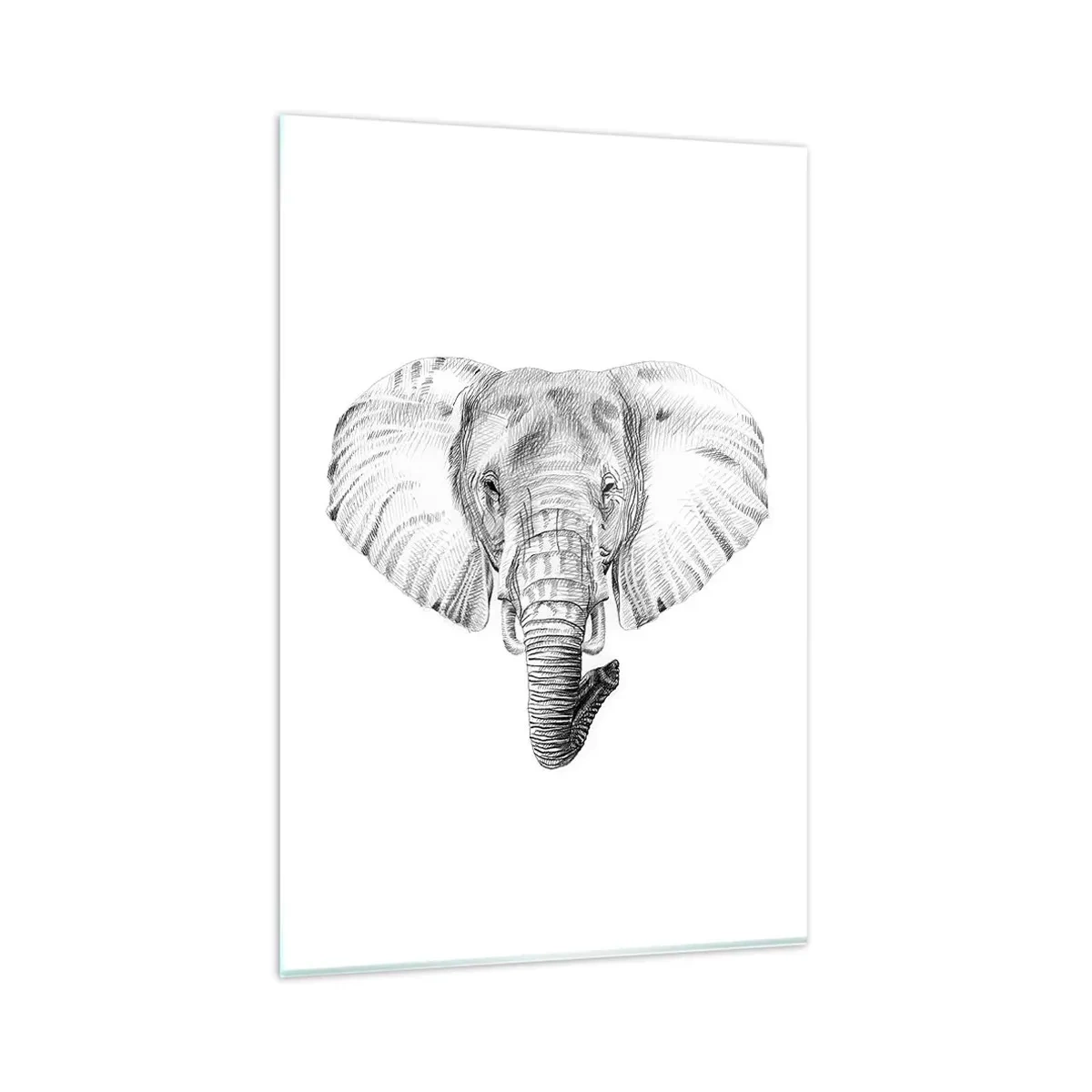 Cuadro sobre vidrio - Impresiones sobre Vidrio - Dibujo en blanco y negro de la cabeza de un elefante sobre un fondo blanco. - 80x120cm - Érase una vez un elefante... - Decoración de pared moderna para salón y dormitorio ARTTOR