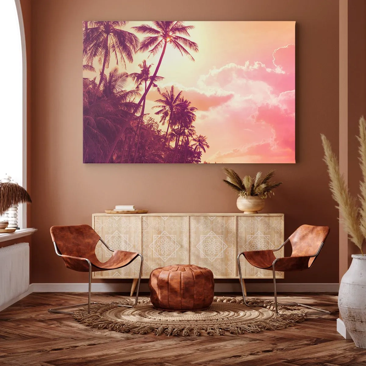 Cuadro sobre lienzo - Impresión de Imagen - Palmeras iluminadas por el sol poniente en un cielo tropical - 100x70cm - Debes elegir - Decoración de pared moderna para salón y dormitorio ARTTOR