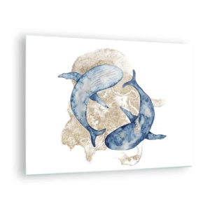 Cuadro sobre vidrio - Impresiones sobre Vidrio - Dos ballenas azules sobre un fondo de manchas doradas abstractas - 70x50cm - ¿Amistad o amor? - Decoración de pared moderna para salón y dormitorio ARTTOR