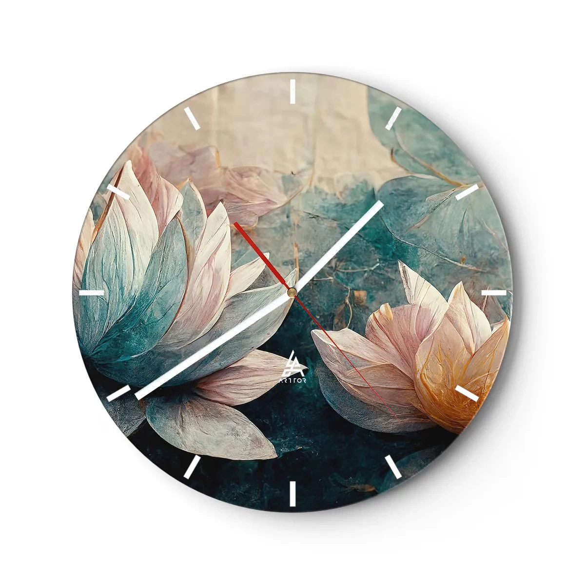 Reloj de pared - Reloj de vidrio - Flores de loto sobre el fondo de la superficie verde azulada del lago. - 30x30cm - Estrellas de lago - Decoración de pared moderna para salón, cocina y dormitorio ARTTOR