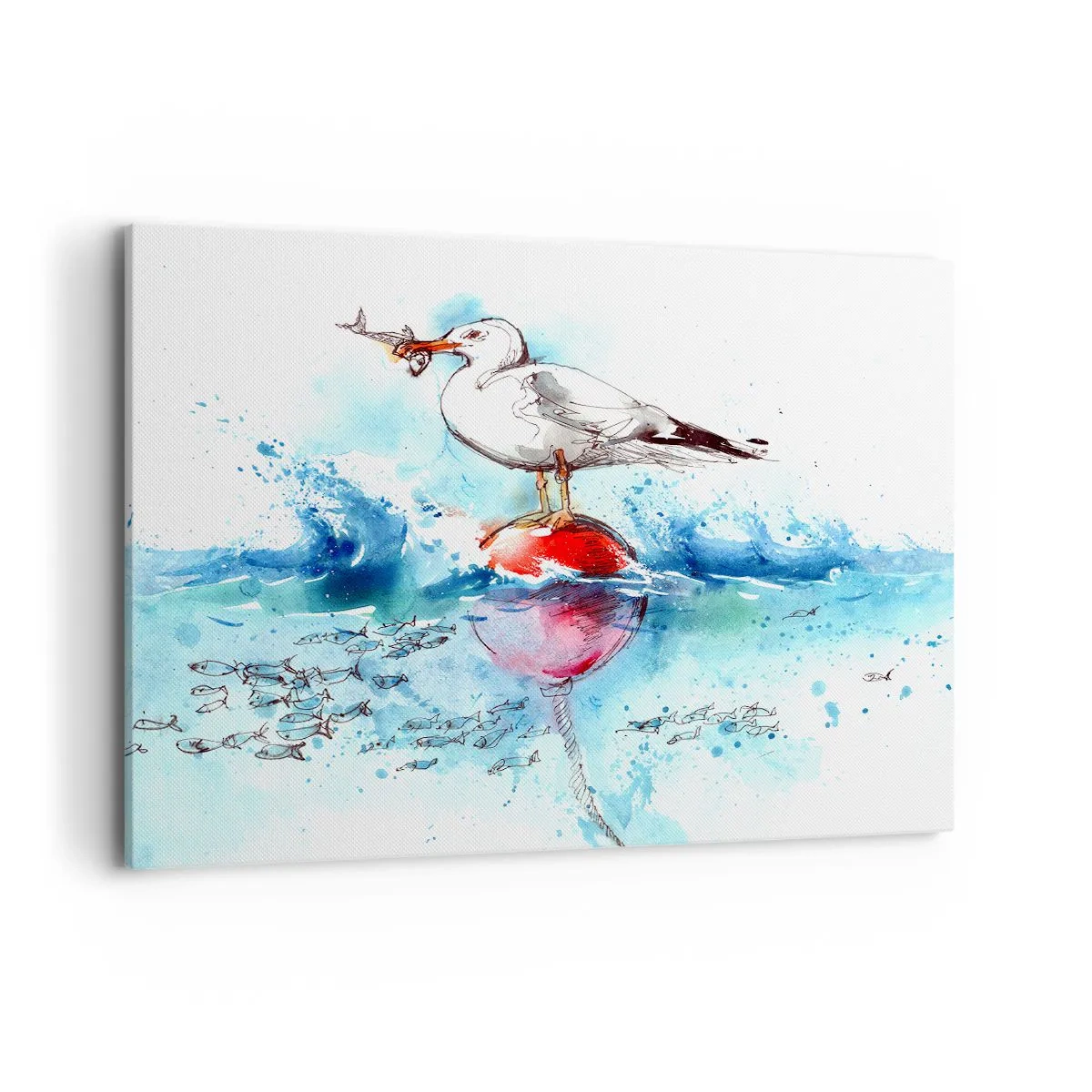 Cuadro sobre lienzo - Impresión de Imagen - Gaviota en una boya con peces al fondo en estilo acuarela - 100x70cm - Una captura exitosa - Decoración de pared moderna para salón y dormitorio ARTTOR
