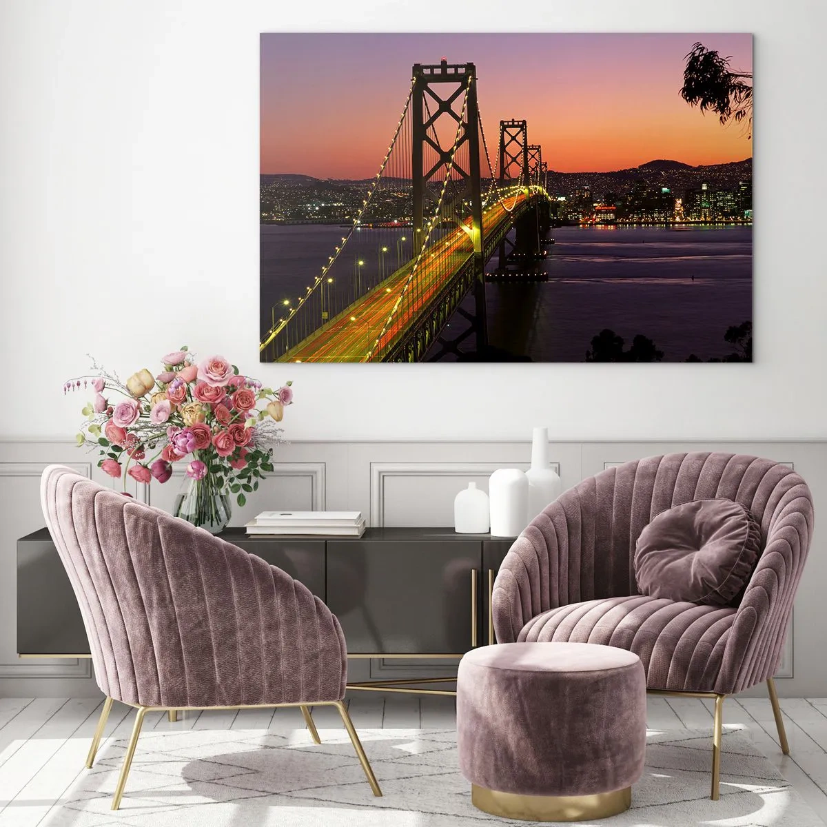 Cuadro sobre vidrio - Impresiones sobre Vidrio - El puente de noche en la ciudad y la luz del atardecer. - 70x50cm - Tarde violeta - Decoración de pared moderna para salón y dormitorio ARTTOR