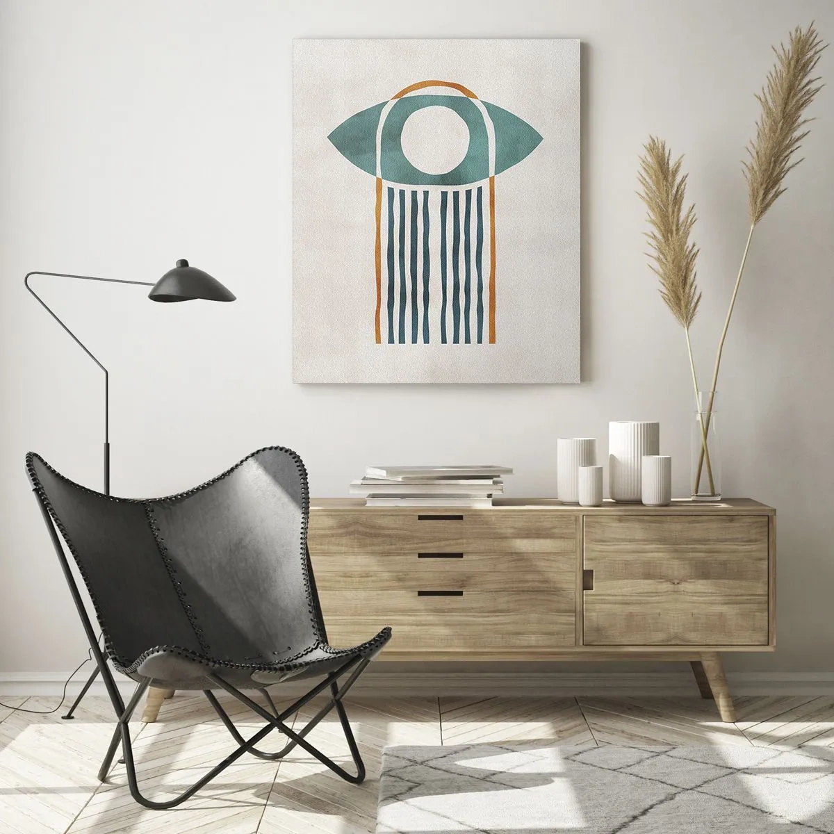 Cuadro sobre vidrio - Impresiones sobre Vidrio - Forma geométrica con círculo y líneas en tonos verdes y rojos. - 50x70cm - Signos y rituales - Decoración de pared moderna para salón y dormitorio ARTTOR