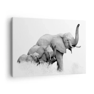 Cuadro sobre lienzo - Impresión de Imagen - Una familia de elefantes frente a un paisaje africano en blanco y negro. - 70x50cm - Uno, dos, tres - Decoración de pared moderna para salón y dormitorio ARTTOR