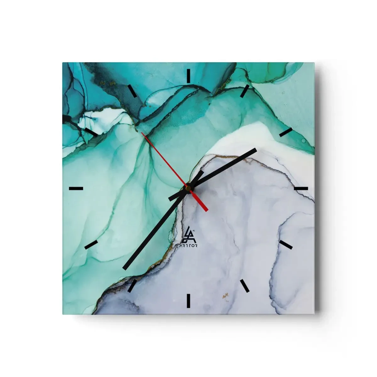 Reloj de pared - Reloj de vidrio - Patrón abstracto en tonos turquesa y blanco. - 30x30cm - Estudio en turquesa - Decoración de pared moderna para salón y dormitorio ARTTOR