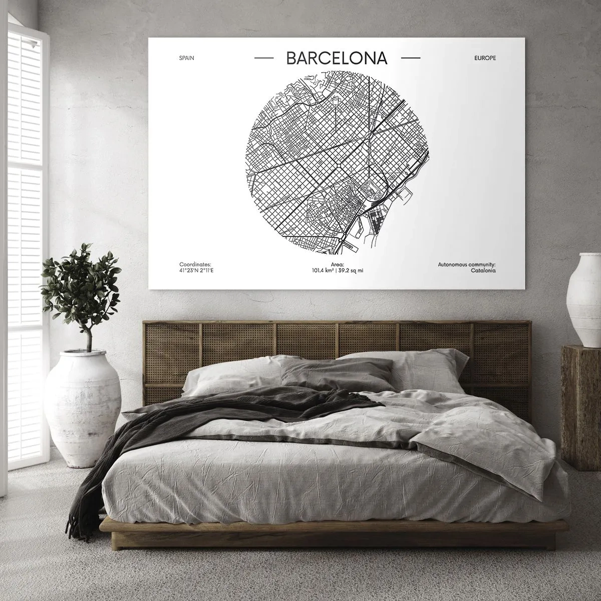 Cuadro sobre vidrio - Impresiones sobre Vidrio - Un mapa minimalista de Barcelona con estética en blanco y negro - 70x50cm - Anatomía de Barcelona - Decoración de pared moderna para salón y dormitorio ARTTOR