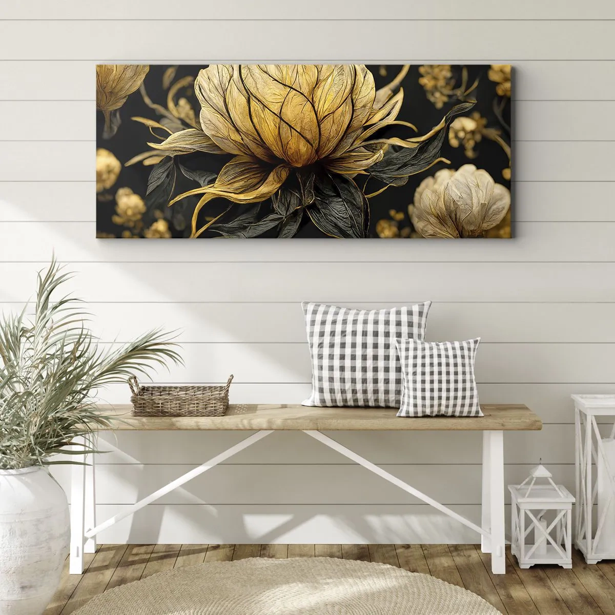 Cuadro sobre lienzo - Impresión de Imagen - Flor dorada sobre fondo oscuro - 140x50cm - Sutil fragilidad - Decoración de pared moderna para salón y dormitorio ARTTOR