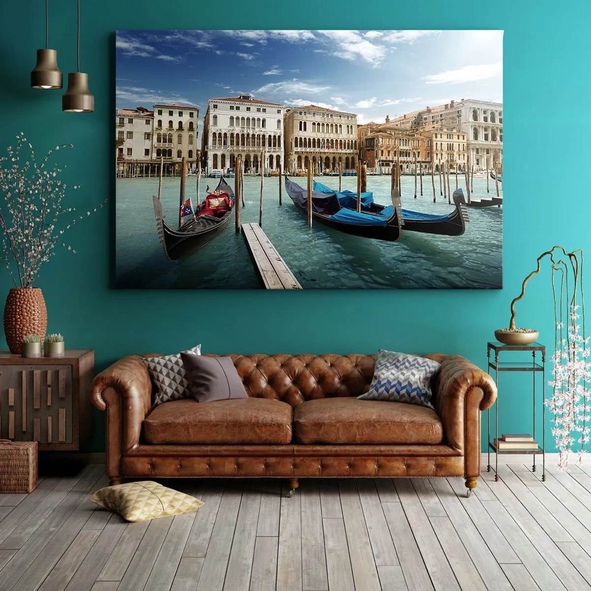 Cuadro sobre lienzo - Impresión de Imagen - Venecia con góndolas y palacios contra el cielo - 120x80cm - Palacios en azul - Decoración de pared moderna para salón y dormitorio ARTTOR