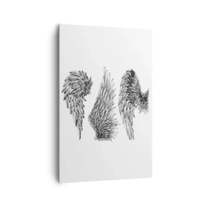 Cuadro sobre lienzo - Impresión de Imagen - Tres bocetos en blanco y negro de alas en estilo minimalista. - 80x120cm - Y puedes convertirte en un ángel - Decoración de pared moderna para salón y dormitorio ARTTOR