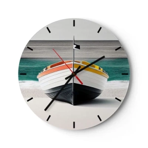 Reloj de pared - Reloj de vidrio - Barco de pesca colorido en una playa de arena - 30x30cm - En su lugar exacto - Decoración de pared moderna para salón, cocina y dormitorio ARTTOR