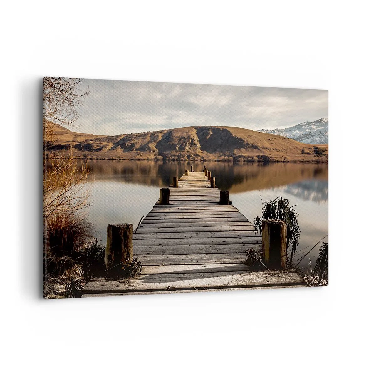 Cuadro sobre lienzo - Impresión de Imagen - Un muelle de madera sobre un lago rodeado de pintorescas colinas. - 100x70cm - Un paisaje en silencio - Decoración de pared moderna para salón y dormitorio ARTTOR