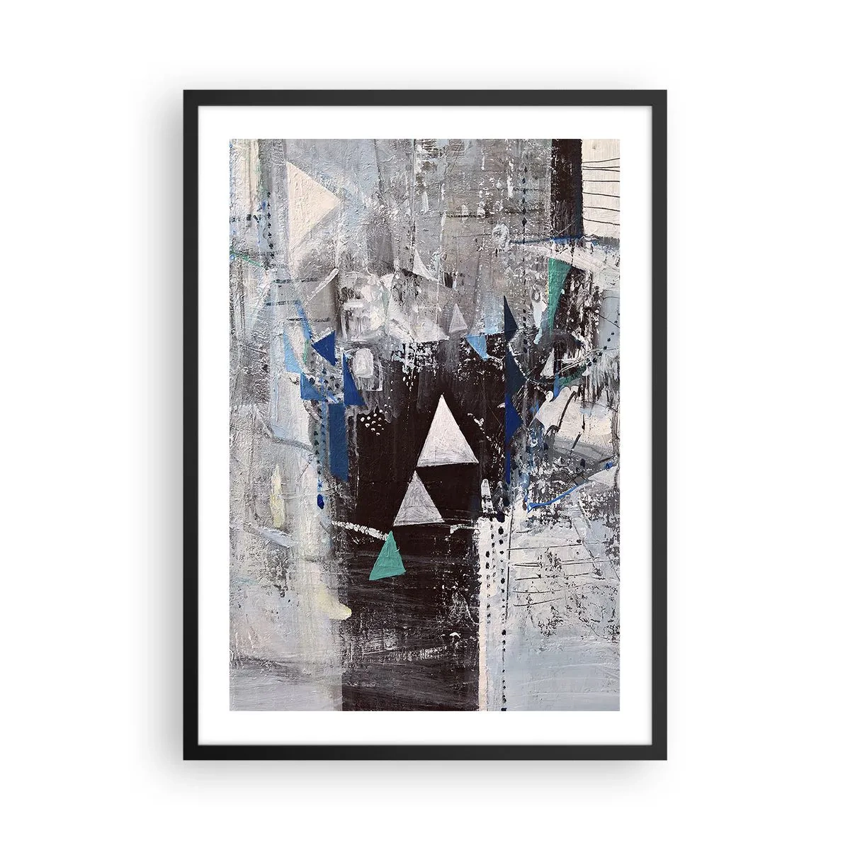 Póster en marco negro - Composición geométrica abstracta en tonos grises y azules. - 50x70cm - El orden superior de los triángulos - Decoración de pared moderna para salón y dormitorio ARTTOR