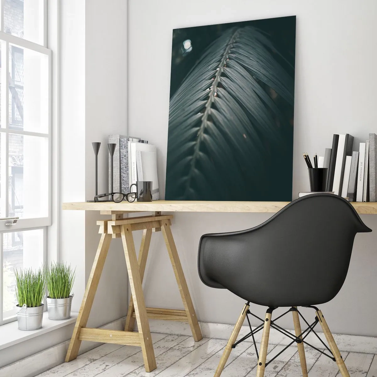 Cuadro sobre vidrio - Impresiones sobre Vidrio - Primer plano de una hoja de palma verde oscuro con reflejo de luz. - 50x70cm - La precisión de la naturaleza - Decoración de pared moderna para salón y dormitorio ARTTOR