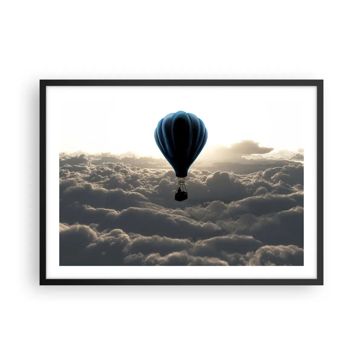 Póster en marco negro - Un globo aerostático contra un cielo con nubes al atardecer. - 70x50cm - Un viajero por encima de las nubes - Decoración de pared moderna para salón y dormitorio ARTTOR
