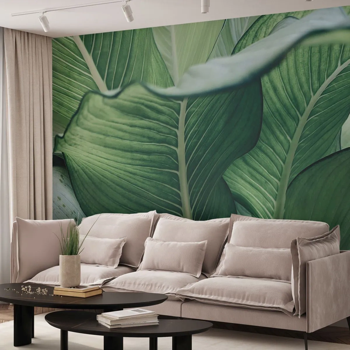 Fotomural Premium Sand - Primer plano de grandes hojas verdes de una planta tropical. - 100x70cm - Vida intensamente verde - Decoración de pared moderna para salón y dormitorio ARTTOR