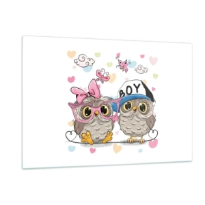 Cuadro sobre vidrio - Impresiones sobre Vidrio - Un par de alegres búhos en una composición pastel. - 120x80cm - El amor - Decoración de pared moderna para salón y dormitorio ARTTOR
