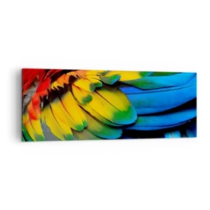 Cuadro sobre lienzo - Impresión de Imagen - Un primer plano de las coloridas plumas de un loro. - 140x50cm - Ave del paraíso - Decoración de pared moderna para salón y dormitorio ARTTOR