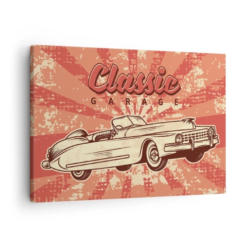 Cuadro sobre lienzo - Impresión de Imagen - Póster retro con un coche clásico y las palabras Classic Garage - 70x50cm - Y Elvis en la radio - Decoración de pared moderna para salón y dormitorio ARTTOR