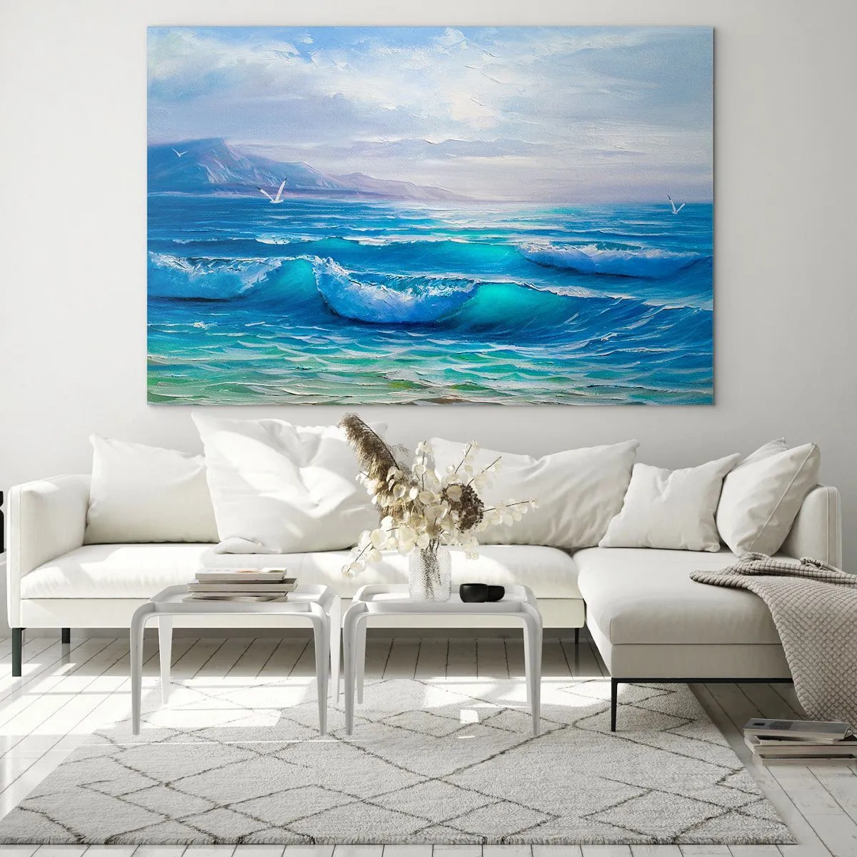 Cuadro sobre vidrio - Impresiones sobre Vidrio - Olas azules del mar golpeando la orilla en un día soleado - 70x50cm - Trae consuelo - Decoración de pared moderna para salón y dormitorio ARTTOR